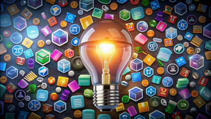 Illuminated lightbulb surrounded by colorful icons of computers, books, and diplomas, symbolizing innovative ideas and academic success in a modern college education setting.