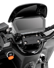 Black dashboard of electric bicycle, scooter, bike. Ignition lock and speedometer of moped, motorcycle. Steering wheel of urban transportation. Isolate on white background. Close-up. Copy space.