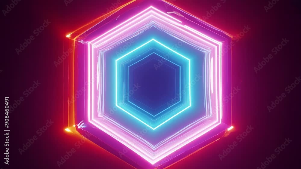 Poster an animated display of glowing hexagons transitions through vibrant neon colors, creating a captivat