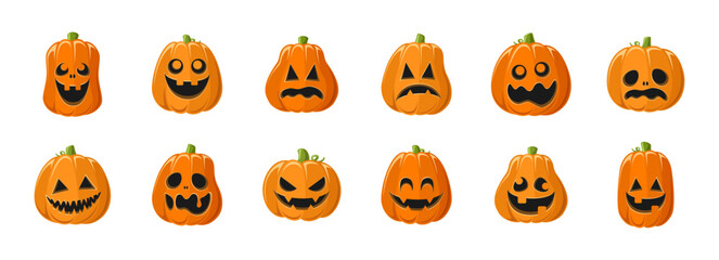 Cute Jack O Lantern with Different Shapes and Funny Facial Expressions Set. Creepy Spooky Fun Halloween Pumpkin Decor Illustration Collection.