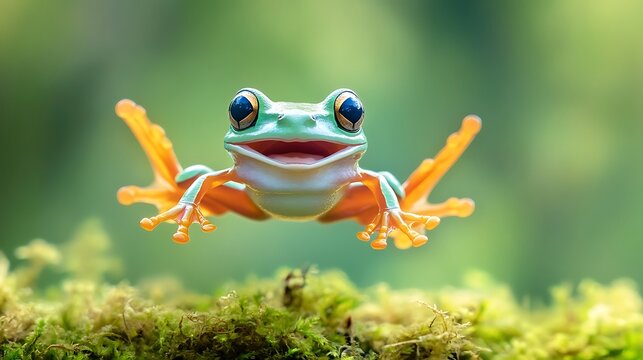 A green tree frog with orange feet smiles at the camera while suspended above moss.