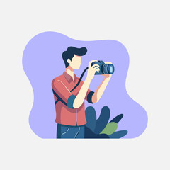 Celebrate World Photography Day with a flat style illustration of a photographer in action
