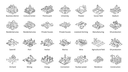 set of icons with isometric city districts. line style. Vector editable outline stroke.