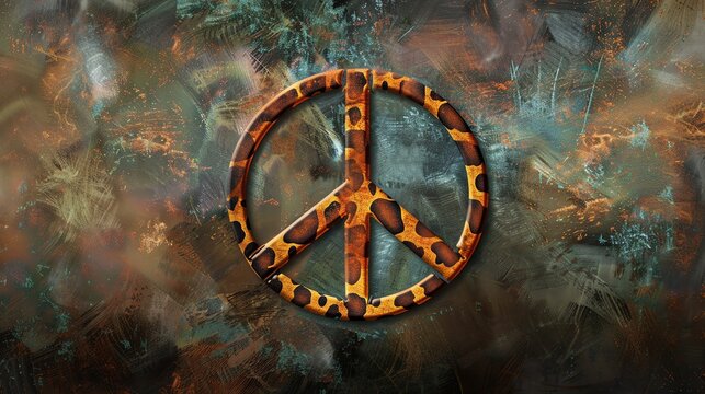 A peace symbol with a leopard print pattern on a grunge background.