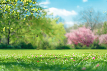 Obraz premium Blurred spring nature background with a trimmed lawn and trees under a blue sky