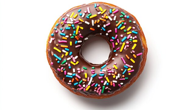 Top view of a chocolate donut with bright and colorful sprinkles, isolated on a white background, capturing its sweet and decorative appeal