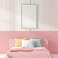 Pink Dream: A soft and inviting bedroom with a wooden frame and a blank canvas ready for your creative vision. Perfect for showcasing your artwork, design concepts, or inspiring quotes. 
