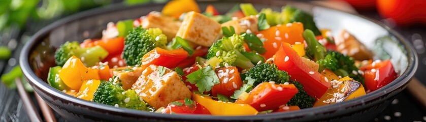 Vibrant stir-fried vegetables with tofu, featuring colorful bell peppers, broccoli, and fresh herbs in a savory sauce.