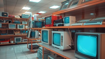 A 80's electronics store with vintage TVs, cassette players, and video game consoles displayed on shelves.