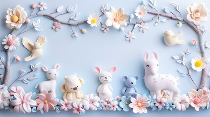A blue background with a border of colorful clay flowers, leaves, and animals.