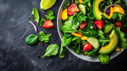 Fresh salad bowl with vibrant greens, tomatoes, and peppers, perfect for healthy eating and culinary inspiration.