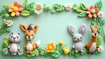 Obraz premium A blue background with a border of colorful clay flowers and animals.