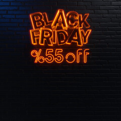 Black Friday Neon Sign with 55% Off on Black Brick Wall.