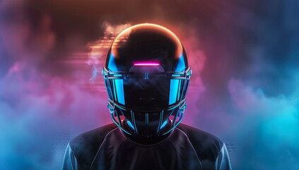 A black American football player wearing an intricate helmet with neon lights