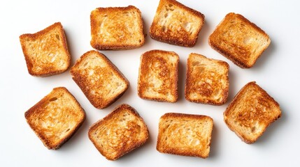 Top view of several pieces of fresh toast bread, isolated on a white background, showcasing their crispy texture and appetizing look