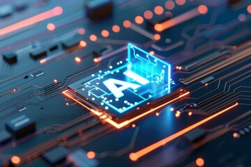A blue glowing chip with the letters "AI" on it, surrounded by digital lines and circuit patterns in dark background.