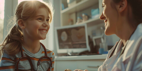 A young girl smiles brightly while looking at a doctor. The doctor is also smiling, creating a warm and friendly atmosphere.. caucasian woman