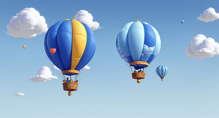 Fototapeta premium A 3D Cute Hot Air Balloon and a 3D Cloud Model on a Sky Blue Background with Copy Space, Clay Style 3D Illustration Model Style