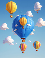 Fototapeta premium A 3D Cute Hot Air Balloon and a 3D Cloud Model on a Sky Blue Background with Copy Space, Clay Style 3D Illustration Model Style