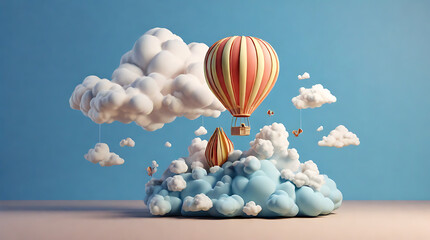 Obraz premium A 3D Cute Hot Air Balloon and a 3D Cloud Model on a Sky Blue Background with Copy Space, Clay Style 3D Illustration Model Style