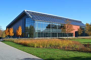Obraz premium Modern building with solar panels and fall foliage.