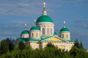 Domes of the ancient Transfiguration Cathedral on a July morning. Torzhok. Tver region, Russia