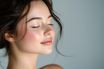 A close up of a girl's face with her eyes closed