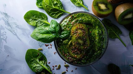 Obraz premium Fresh green smoothie with spinach, kiwi, and seeds, perfect for a healthy lifestyle and nutritious diet.