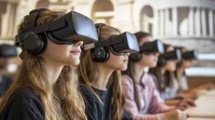 Students using VR headsets to explore a virtual ancient city, guided by a teacher who explains the historical significance of various landmarks, in a cutting-edge classroom equipped with advanced