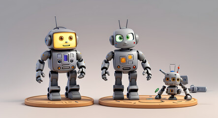 Naklejka premium A 3D Friendly Robot and a 3D Circuit Board Model on a Light Gray Background with Copy Space, Clay Style 3D Illustration Model Style