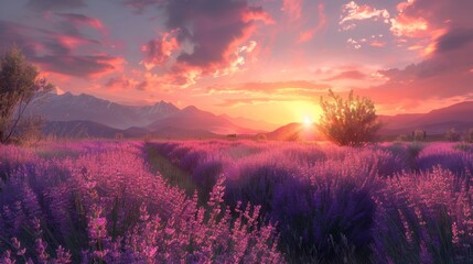 Sunset Over a Lavender Field