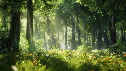 A nature background showcasing a dense forest with towering trees, dappled sunlight filtering through the leaves, and a carpet of wildflowers, capturing the essence of untouched natural beauty,
