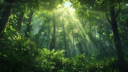 Obraz premium A lush forest background with towering trees, dense underbrush, and rays of sunlight filtering through the canopy, capturing the serene and mystical atmosphere of a woodland setting, perfect for