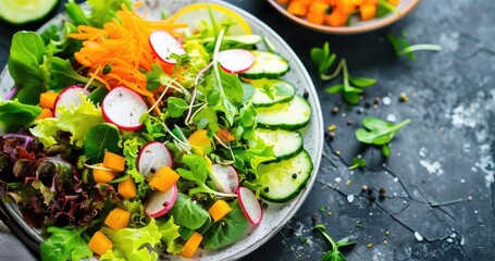 Fresh and vibrant salad with greens, cucumbers, radishes, and carrots, perfect for a healthy meal or food photography.