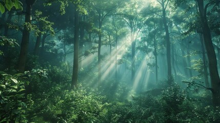 Fototapeta premium A lush forest background with towering trees, dense underbrush, and rays of sunlight filtering through the canopy, capturing the serene and mystical atmosphere of a woodland setting, perfect for