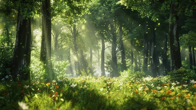 A nature background showcasing a dense forest with towering trees, dappled sunlight filtering through the leaves, and a carpet of wildflowers, capturing the essence of untouched natural beauty,
