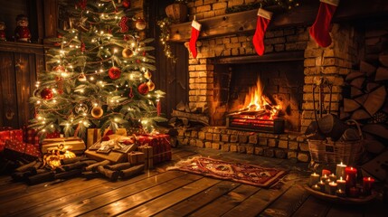 A festive Christmas background with a cozy fireplace, decorated tree, and twinkling lights, capturing the warmth and joy of the holiday season, perfect for holiday promotions, greeting cards, and
