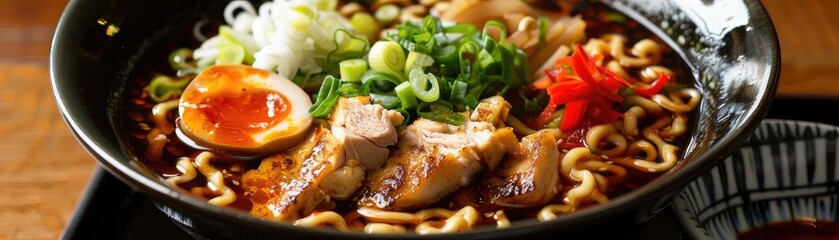 Delicious ramen bowl featuring tender meat, soft egg, and vibrant vegetables, perfect for food lovers and culinary enthusiasts.