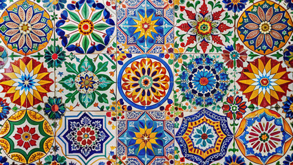 Vibrant mosaic of colorful ceramic tiles in a Moroccan-inspired pattern, featuring intricate geometric shapes and bold hues against a crisp white background.