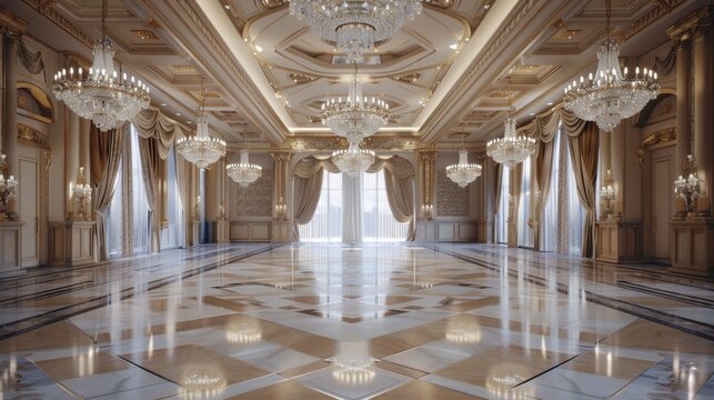 A luxurious ballroom interior with ornate chandeliers, elegant drapery, and polished marble floors, capturing the grandeur and sophistication of a formal event, ideal for upscale gatherings,