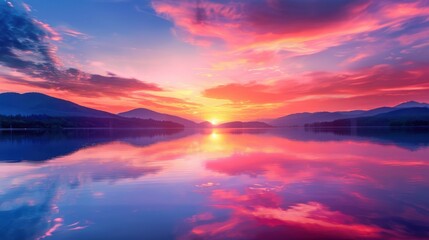 A breathtaking sunset background with vibrant hues of orange, pink, and purple, silhouetting distant mountains and reflecting off a calm lake, capturing the serene beauty of a sunset, perfect for