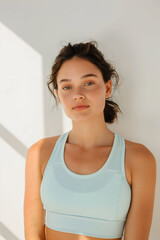 Young Woman in Athletic Wear Posing Confidently with a Bright Background