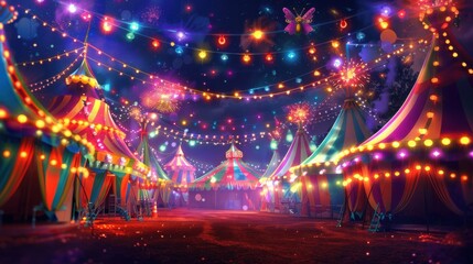 A vibrant circus background with colorful tents, bright lights, and festive decorations, capturing the whimsical and lively atmosphere of a circus, perfect for themed events, entertainment