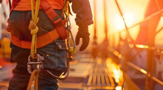 A man in a harness is standing on a bridge.
