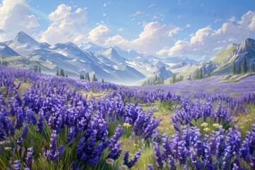 Obraz premium Lavender Field in the Mountain Valley