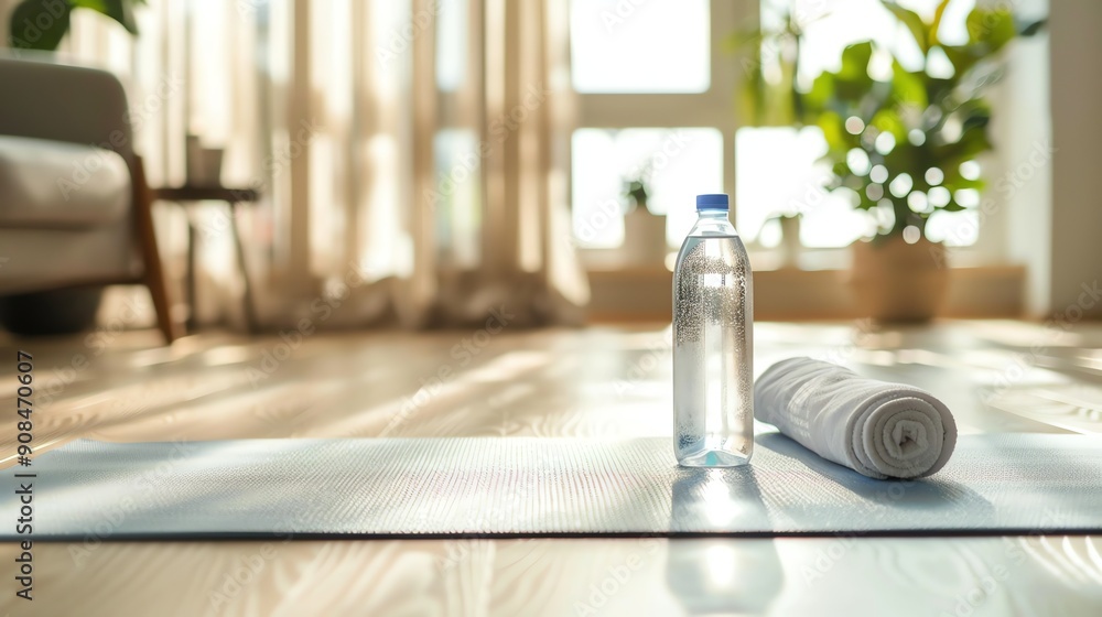 Poster A yoga mat and a water bottle on a wooden floor in a sunlit room.