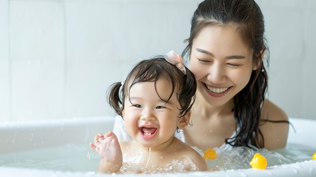 Asian mother Bathing her 7 month old daughter, which the baby smiling and happy, with white background, to Asian family and baby shower concept. copy space for text.