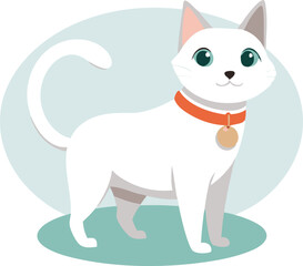 Obraz premium A charming white cat with striking green eyes and a red collar stands on green ground in a soothing, minimalist design.