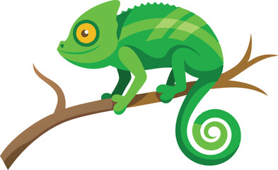 A vibrant green chameleon rests on a branch, blending into its tropical surroundings while basking in sunlight.