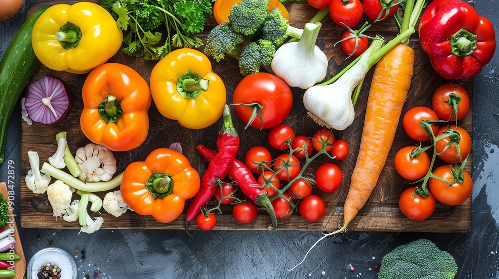 Poster A variety of fresh vegetables on a wooden cutting board.